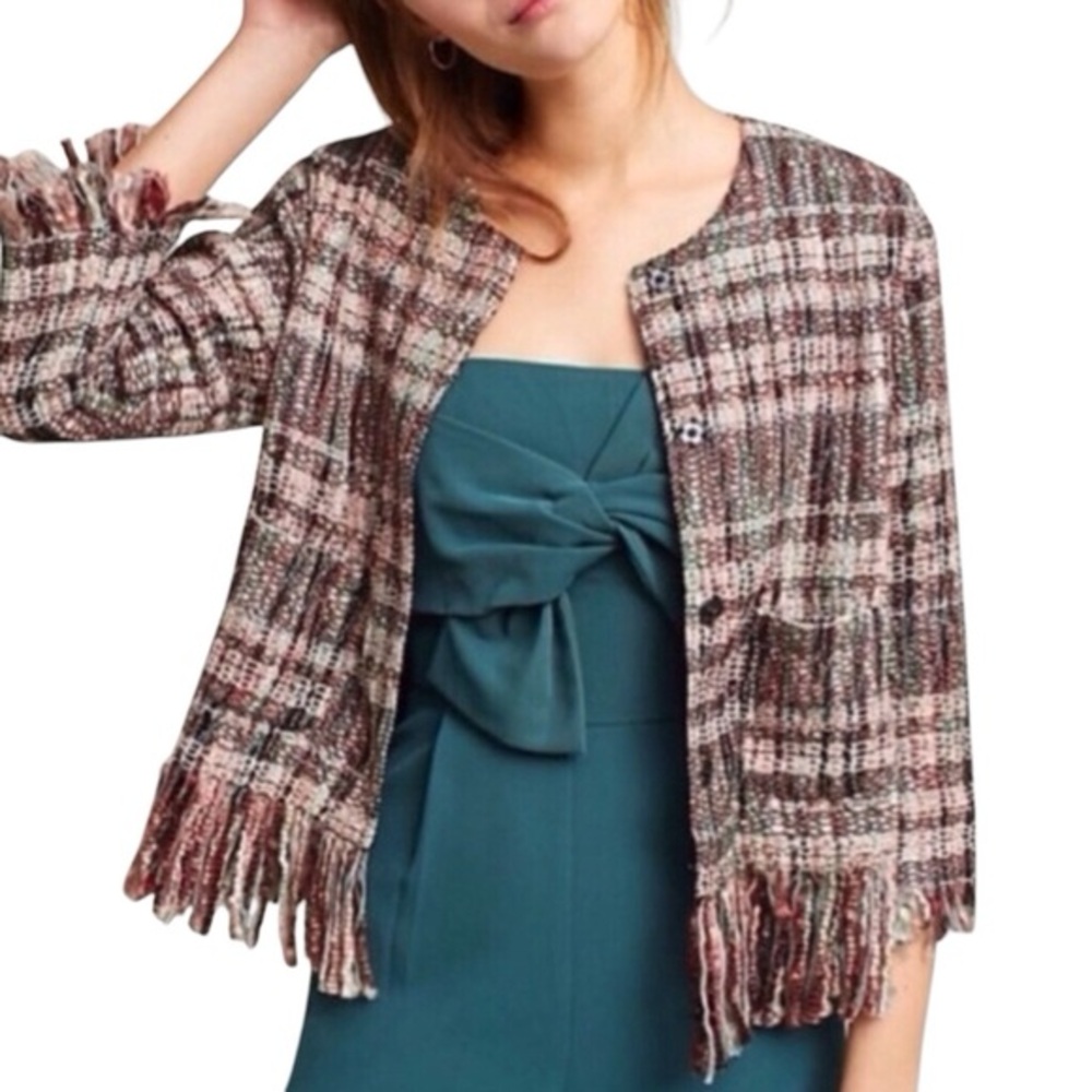 Ett: twa Anthropologie‎ Small Fringe Tweed Blazer Jacket Academia Old Money